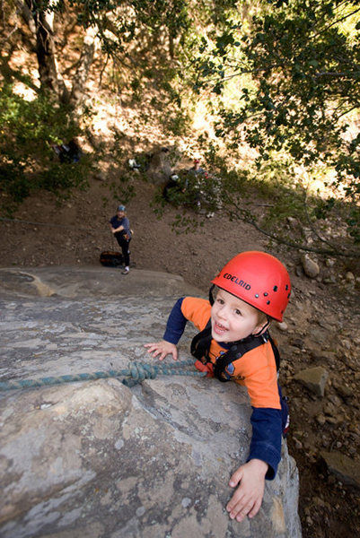Bryson, nearly three years old, gets a belay from his grandmother, in San Ysidro Canyon.