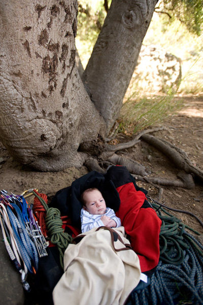 An important first: at just 4 weeks old, Wesley accompanies the family on a climbing outing.