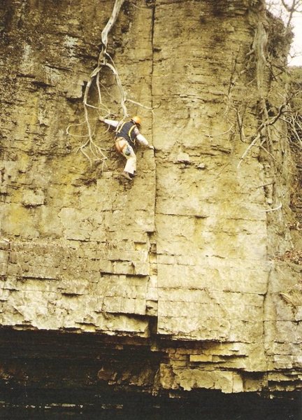 Another deep water start, or top rope lowered route at Kankakee River State Park. 'DeadWood Duck', 5.8. Without the crack, route is 5.9, 'Duck the Deadwood'.