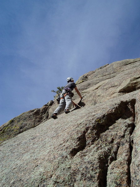 As might be guessed from this photo, this climb is mostly very easy. There's a hard move to start, if you start at the left crack, and a bit of a move near the top at a bolt. Otherwise, it's easy but pleasant hiking.<br>
<br>
Photo by Luke Clarke.