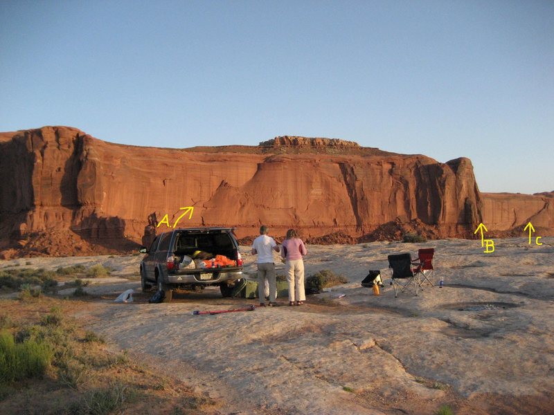 Lost World Butte from the capsite. A)The Road Not Taken.B) Kripling Groove. C)Pearly Gates.