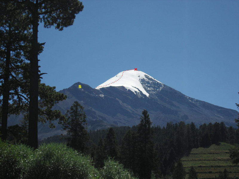 This photo is taken from the Northwest. The yellow "S" is the Sarcofago, and the red dotted line represents the trail of tracks I followed to the summit in Nov 2006. It essentially follows the ridge, but the ridge is very broad, so it could be easy to wander if visibility is poor. The refugio is in the valley behind the sarcofago.