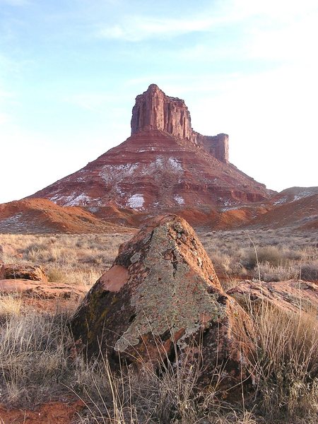 Looking up to Parriot Mesa and Crooked Arrow Spire. photo Carol Crockett