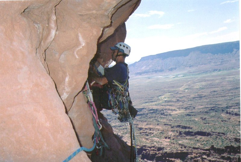 The wee overhang. No pitons was placed on this ascent of the Titan.Just Stoppers and Cams were used.