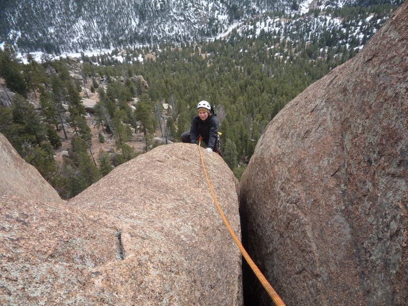 CM following the 3rd pitch which below her is mostly #6 Camalot sized.