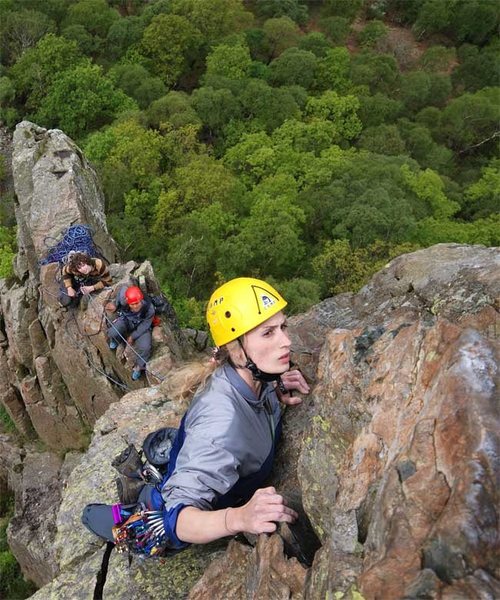 Mhairi Cameron nearing the top of the last pitch. Photo Mick Ryan