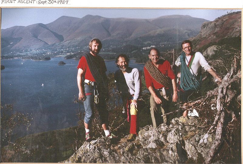 The team on the summit of Gowder crag. L to R Denis Peare,Chris Bonington,Pete Greenwood,Paul Ross.Lake Derwentwater below with the town of Keswick at the head of the lake ,with Skiddaw mountain as a back drop..Photo .Chris Bonington