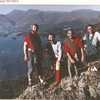 The team on the summit of Gowder crag. L to R Denis Peare,Chris Bonington,Pete Greenwood,Paul Ross.Lake Derwentwater below with the town of Keswick at the head of the lake ,with Skiddaw mountain as a back drop..Photo .Chris Bonington