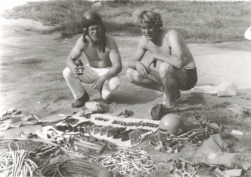 Mike Peloquin and John Bragg below Canon preparing for the first ascent of The Ghost and Vertigo. 1971. Photo Paul Ross