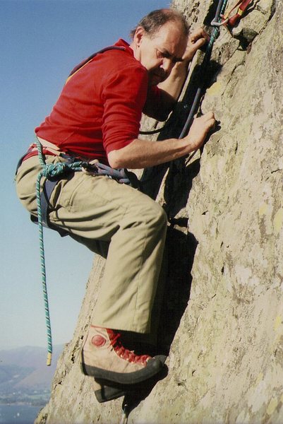 Pete Greenwood on FA Last of the Summer Wine 1989. In the 1950's Pete was one of the top rock climbers in the country