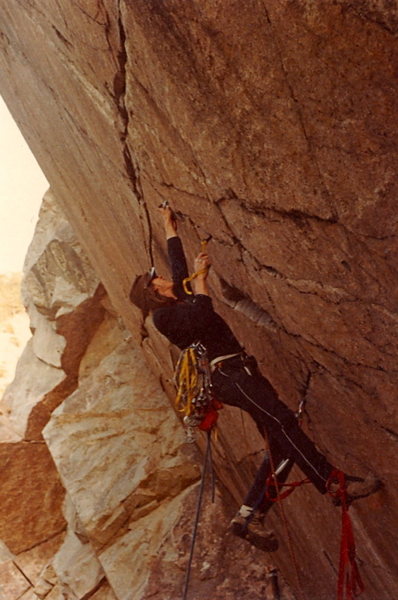 Kyle Copeland - FA / Teflon Wall - Boulder Canyon 1982.<br>
<br>
Photo: Marc Hirt.
