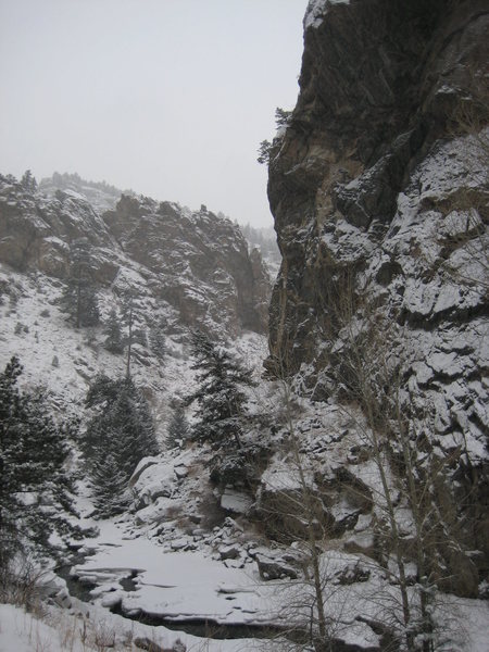 12/23/09; borderline alpine conditions for new routing. convenient ice bridge allowed me to get all the heavy artillery across.