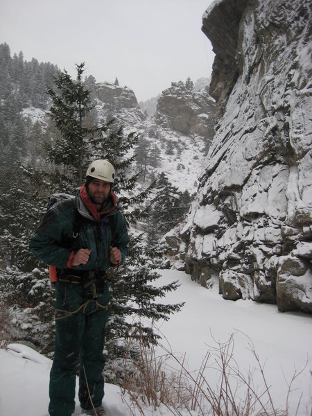 Self portrait, after day 2, finishing the FA of "el Macho Borracho" via rope-solo/aid. It follows the profile of the Brennivin roof (fixed line visible in top right quadrant of pic). 12/23/09.