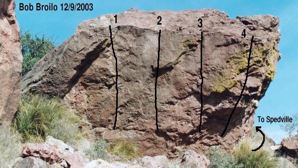Girl Boulder - Southwest face (facing Chewbacca Cave)<br>
1 - Feeling Merry<br>
2 - Jump for Joy<br>
3 - Pinchin' Patti's Fatty<br>
4 - chossy unknown