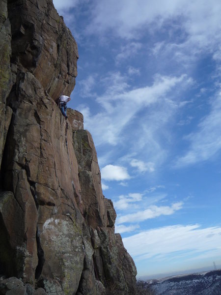 At the ledge separating the two hard sections of climbing.