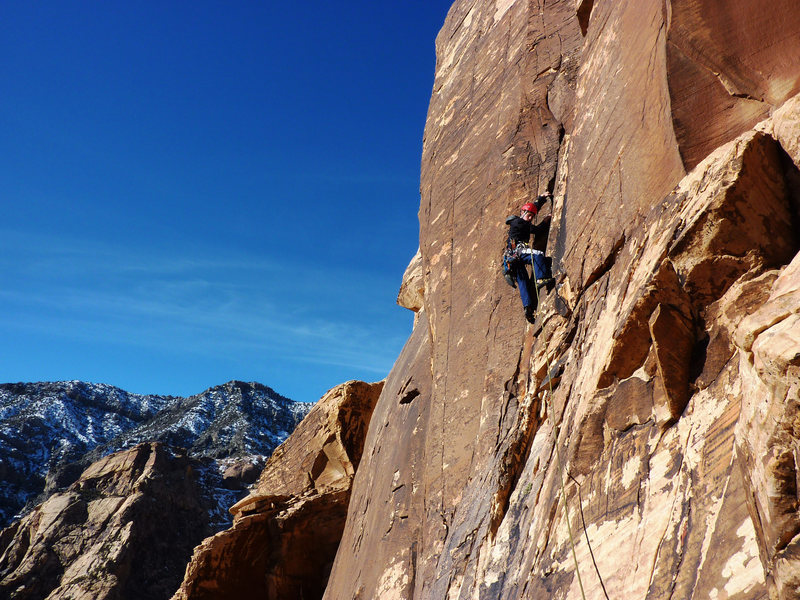 Launching up into the crack and corner of pitch 8 (SuperTopo). December 31, 2009.