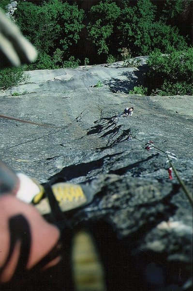 First Ascent Science Friction Wall. Looking down pitch four to Kim Smith. Photo Paul Ross.July 1978.