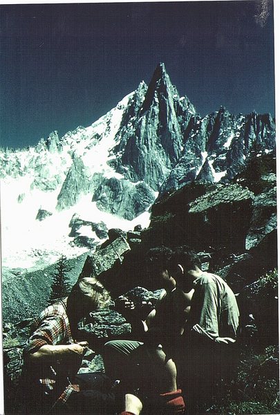 Historic photo.1958 Hamish McInnes , Walter Philip ,Ricardo Blanc ,preparing for an ascent of the Bonatti Pillar ,Aiguille du Dru