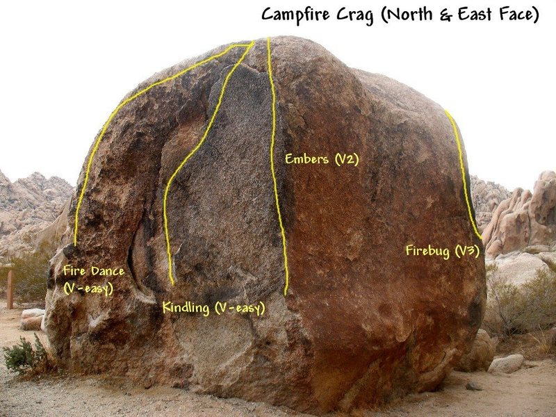 Photo/topo for the Campfire Crag Boulder (North & East Faces), Joshua Tree NP