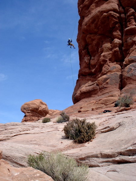 Rapping off Owl Rock in Arches National Park, Utah, 2009. Great route and great day.