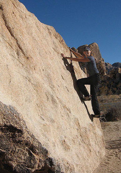 Sonya wondering why this is considered a boulder problem.<br>
Photo by Blitzo.