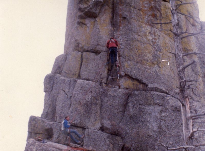 Don belayed by Rick leads the first ascent of the East Face of Finger Rock in early March.