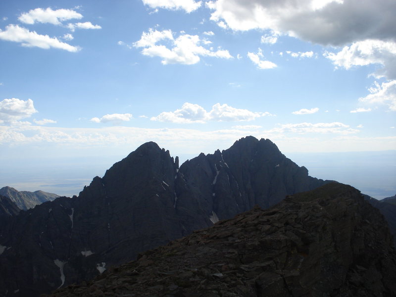 Crestone Needle (left summit)and Crestone Peak (right summit) from the summit of Humbolt Peak