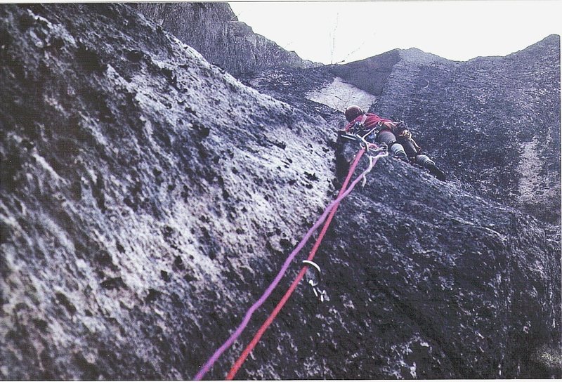 Historic photo ...Paul Ross on the first ascent of the the Prow.April 1972.As seen in photo the route was climbed uncleaned on sight, ground up.This was Ross's first new route on Cathderal Ledge.