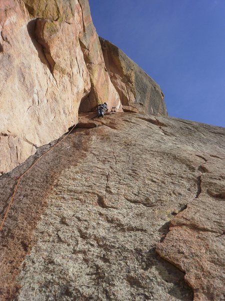 Use a long sling if you place gear in that alcove left of here... or the rope can get stuck in the crack.