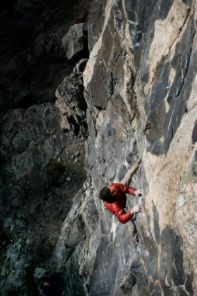 Darren setting up for the crux throw of 100 Proof.<br>