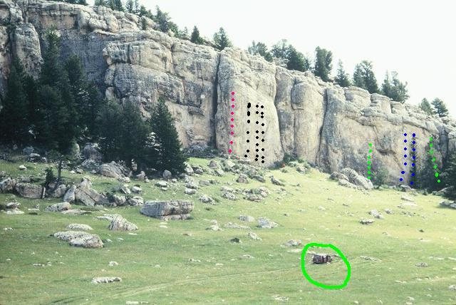 Red dots mark Bighorn Roundup, 5.12b (?)<br>
Blacks are Alex Catlin's super-thin original routes.<br>
Blue are a couple of hard 5.11....fun!<br>
Green are 5.9/5.10 lines.<br>
A van is circled in green for scale.