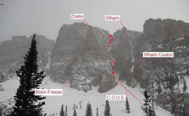 The route Chockstones of Unusual Size on the south face of Otis Peak.