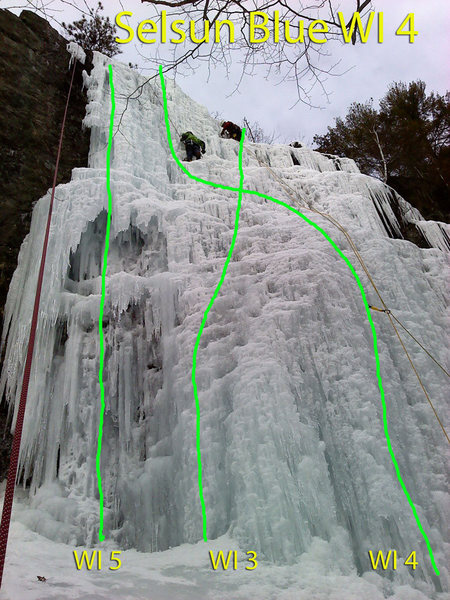there are so many variations to this route you cant just give it one grade... conditions will obviously contribute to the difficulty but here is my opinion of some of the popular lines on this flow.... what do you think?