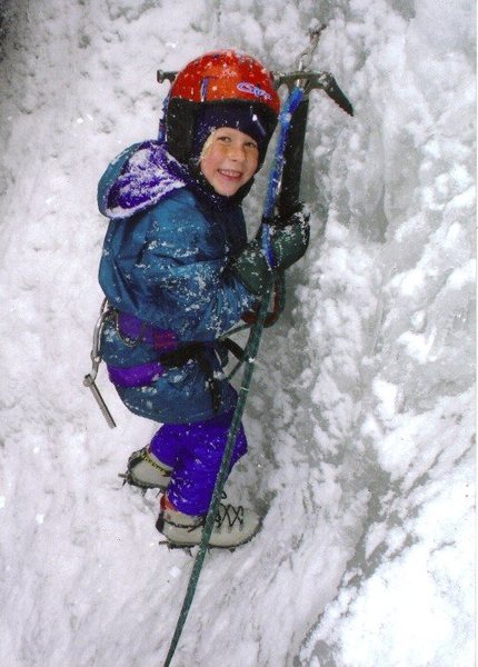 My daughter Corey leading her first ice climb sport style, at the age of six.