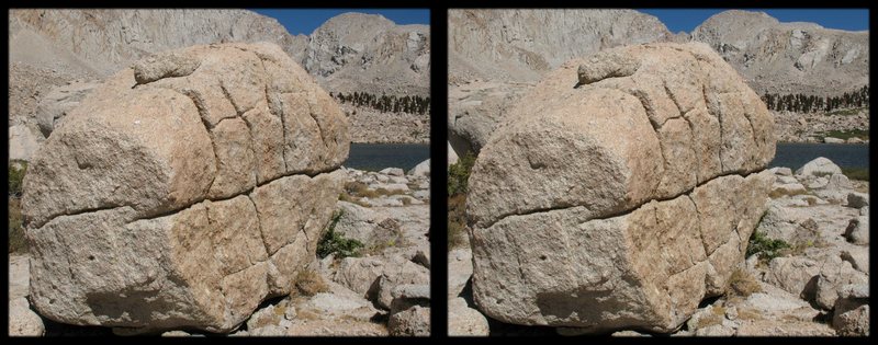 A cross-eye stereogram of a big boulder at cottonwood lakes below Langley. scout the problems in 3-D!