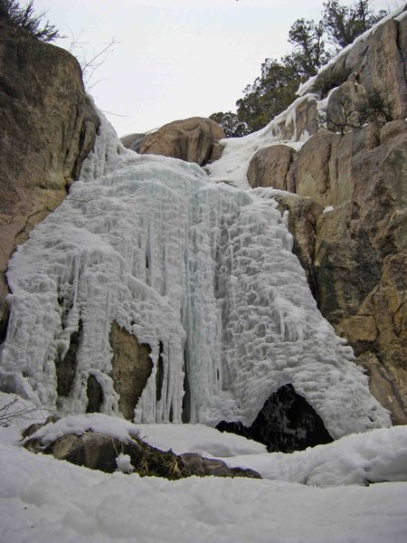 The upper section of the falls. Start on the far left until above the main step, then cross over and finish up the upper right slab.