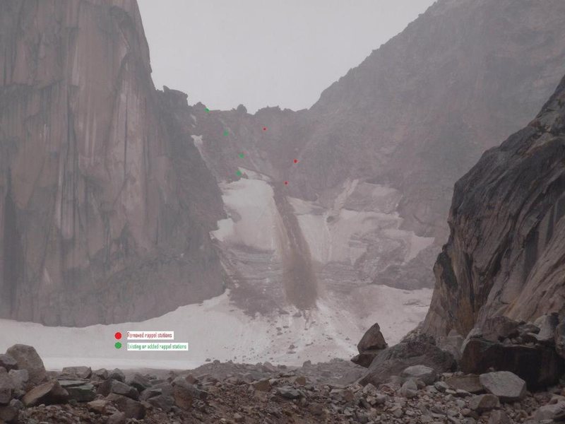 Copied from MCR Reports (Association of Canadian Mountain Guides)<br>
<br>
http://acmg.ca/mcr/archives.asp <br>
<br>
The following is a report from Tay Hanson, Senior Park Ranger for BC Parks. A major rockfall event occured yesterday that originated from above the climber's right side of the col. Coincidently, the old raps stations on that side of the col had been removed the previous day because of rockfall concerns. Also note that a new toilet was installed at Applebee to relieve the morning line-ups!<br>
<br>
Rain initiated rock and mud slide on 090711 at approx 0900 hrs.<br>
<br>
All rappel stations have been removed from the climbers right hand side of the col. This rap route was established during a time when snow and ice covered the scree slope but currently presents an unacceptable rock fall hazard to climbers lower on the col. <br>
<br>
Two chain stations have been added to the rap route on climbers left allowing for 3-4 30m rappels over the bergschrund, or more safely, 1 double rope rappel to below the rock island and then another to well below the bergschrund.<br>
<br>
As you can see, the col is in disastrous condition and is best avoided.<br>
<br>
Also included is a pic of Applebees new rock toilet.<br>
<br>
Jeff Volp<br>
ACMG/BC Parks<br>
<br>