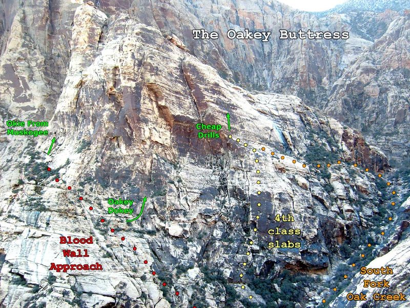 Overview of the Oakey Buttress, showing the key landmarks and approach routes.