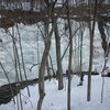 A picture of the the terraced climbing on Feb. 27, 2010. The falls has not frozen, and is just out left of the picture. The climbs, if divided in quarters L to R, are easy, medium, hard, hard -, with nothing over WI3 from my understanding