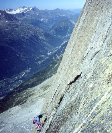 High on "Le Ticket, Le Rond, Le Carre, et La Lune" on the Aiguille de Peigne, Chamonix