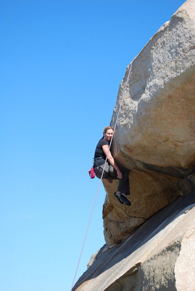 Noelle taking a rest at the crux section over the roof of the Beach Problem 2-28-10