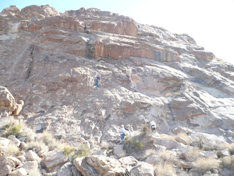 Slab where all three routes are. Rose leading on Shoshone Tears