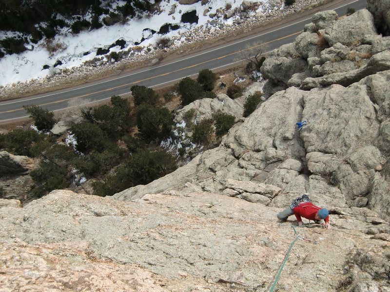 Nate A enjoying the final headwall pitch. 2-6-2010.