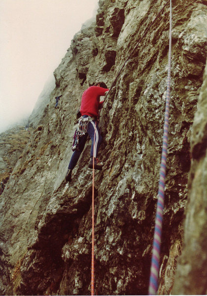 Chris Owen on pitch 1 traversing into the shallow groove, complete with EBs, Whillans Sit, and nothing but wires and hexes - some of them homemade!