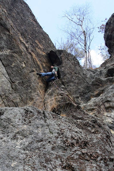 Jakob wedged in to the crux corner