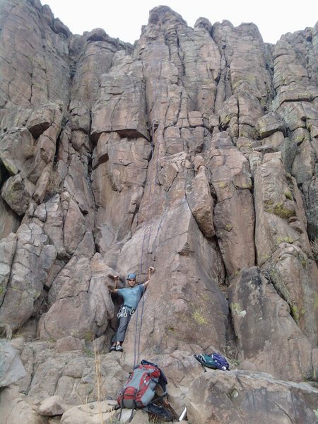 Marc with left arm on the 5.7 slab start, and his right on the traditional 5.6 start.