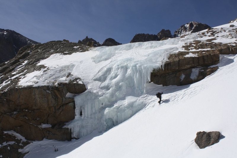 In 2010 March, deep snow reduced this route to a 6 meter vertical step out left then WI2.  The route left of Columbine Falls was much better climbing.