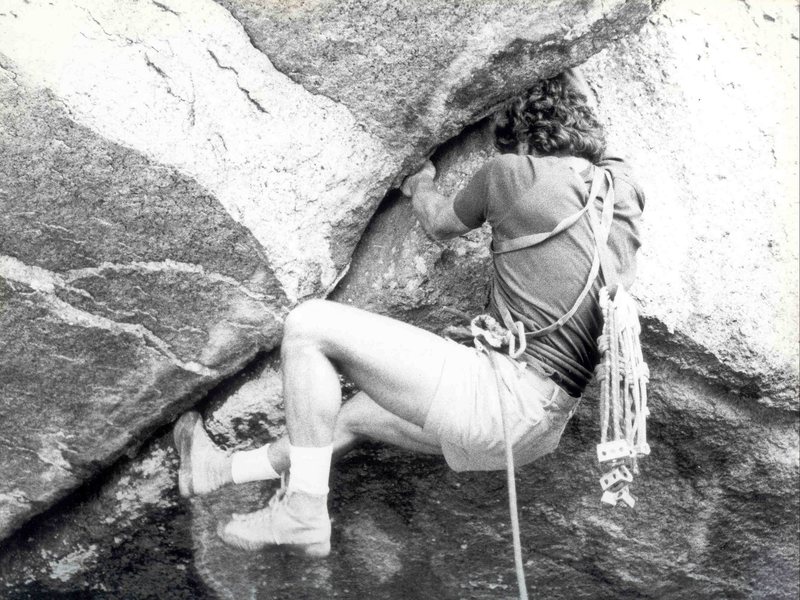 Daniel McClure, FA of False Determination, Photo Goomba John Sanders, James Crump Collection.<br>
False Determination, 5.11, 1978, Enchanted Rock, Texas