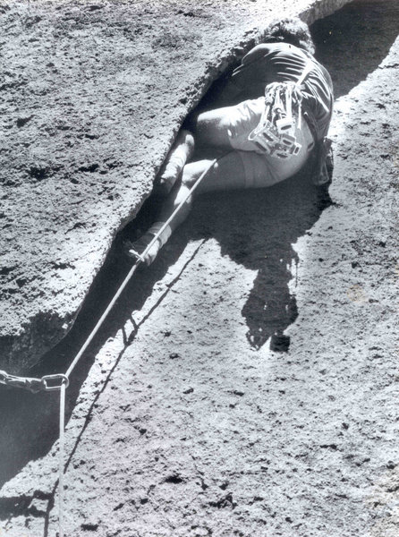 Innominate, FA, Daniel McClure, 5.10, 1978, photo Goomba John Sanders, Enchanted Rock, Texas, James Crump Collection.