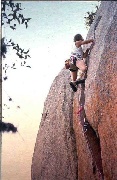 Shrike, FA James Crump, 5.12 R, 1988, Enchanted Rock, Texas, Photo Robert Price, James Crump Collection.